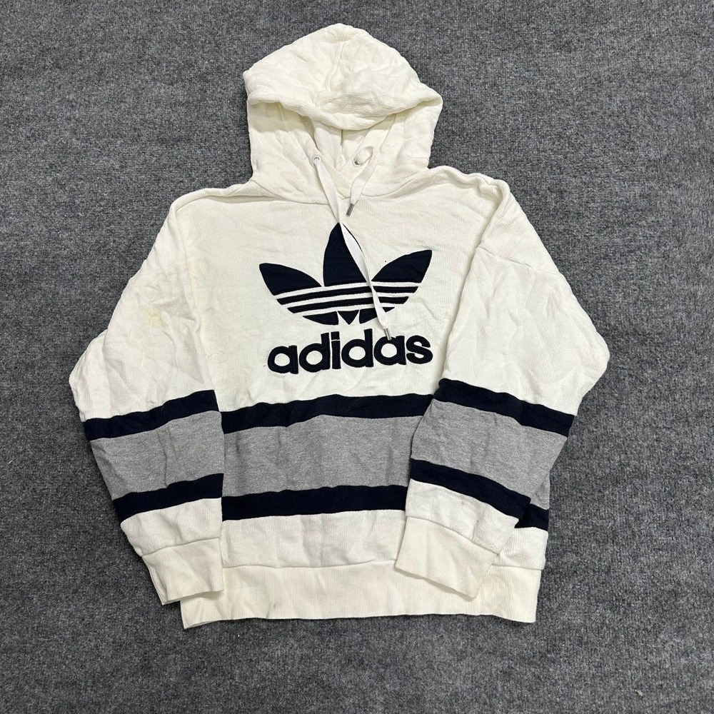 Adidas Hoodie Womens Size L White Striped Trefoil Logo Cotton Pullover Casual